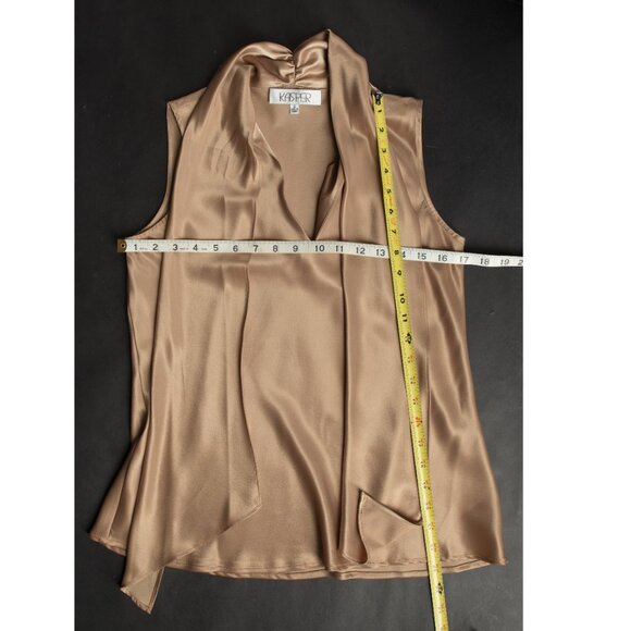 Satin Metallic Champagne Gold Tie Front Sleeveless V-Neck Blouse - Picture 7 of 10